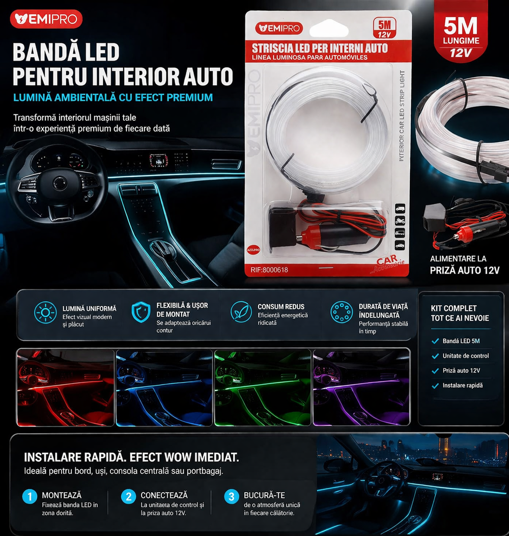 Benzi LED Auto Slim Ambient Iluminare Moderna