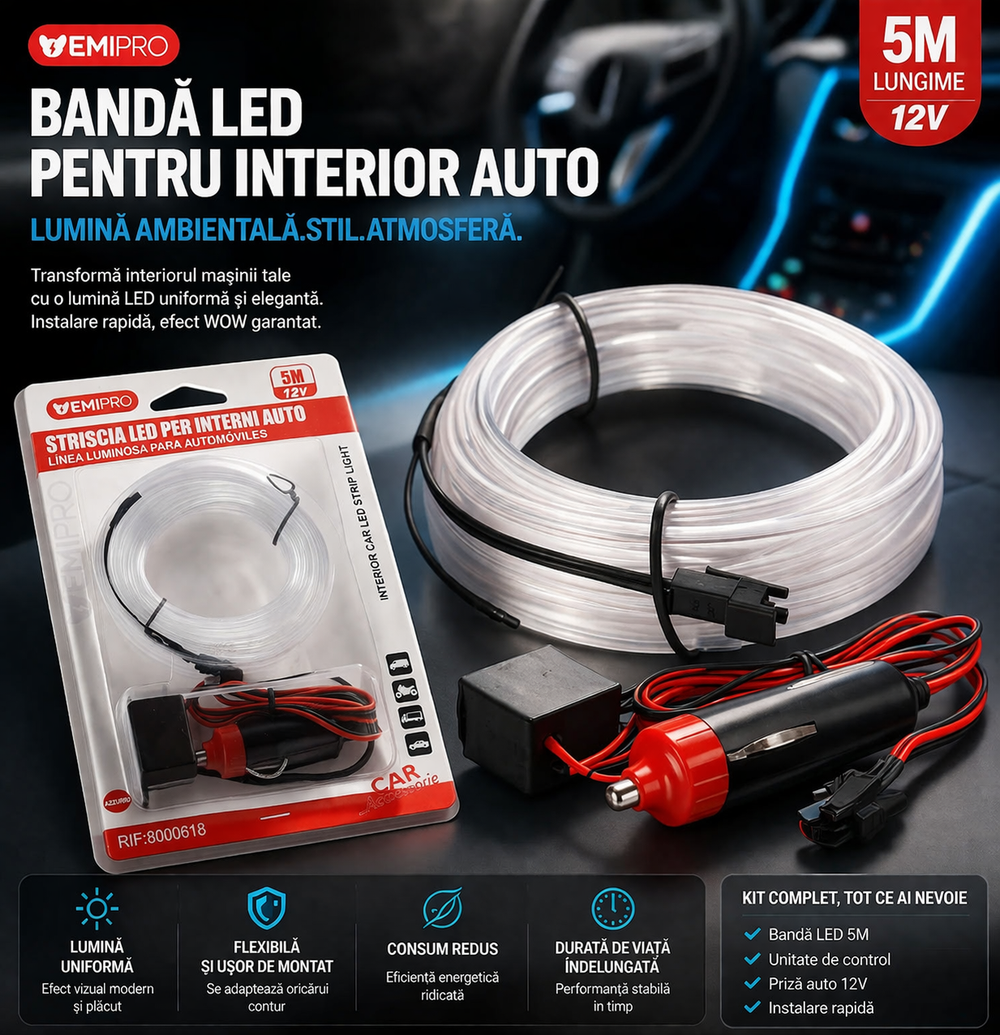 Benzi LED Auto Slim Ambient Iluminare Moderna